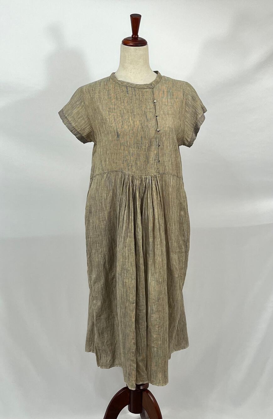 INJIRI Sz 36 4 S Small Taupe Blue Tiny Stripe Short Sleeve Midi Dress Cotton